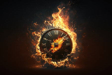 Clock on fire clock face consumed as time burns away. ai generative.の素材