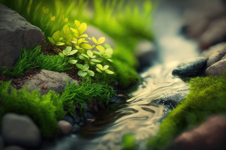 Beautiful spring detailed close up stream of fresh water. ai generative.の素材