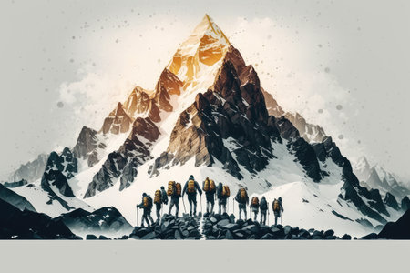 Group of mountaineers. Multiple high alpine climbers. ai generative.の素材