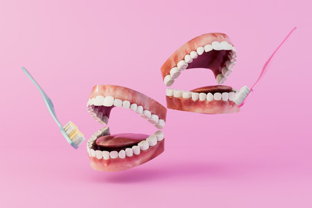 training in the rules of oral hygiene. jaws with white teeth and toothbrushes on a pastel background. 3D rendering.の写真素材