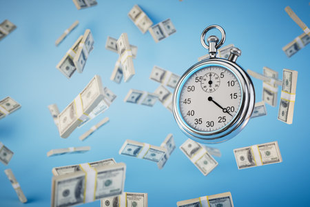 limited time to earn money. a stopwatch and packs of dollar bills flying across a blue background. 3D rendering.の写真素材