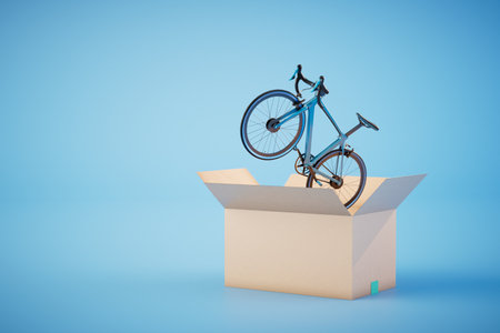 an open box from which the bike flies out on a blue background. copy paste, copy space. 3D rendering.の写真素材