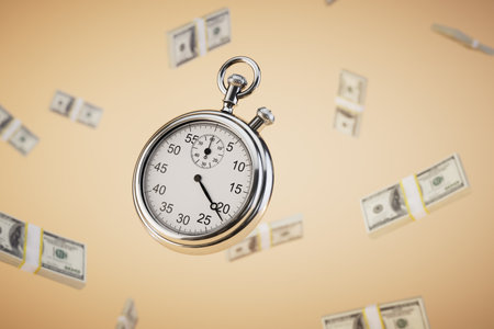 limited time to earn money. a stopwatch and packs of dollar bills flying across a pastel background. 3D rendering.の写真素材