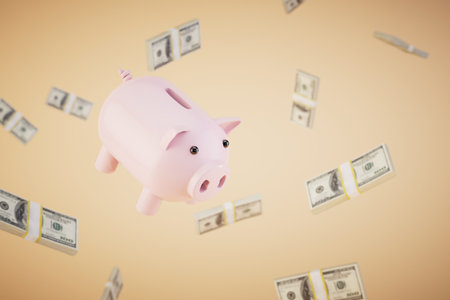 the concept of storing money at home. piggy bank and packs of dollar bills flying on a pastel background. 3D rendering.の写真素材