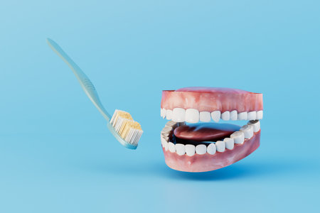 the concept of oral hygiene. jaws with white teeth and a toothbrush on a blue background. 3D rendering.の写真素材