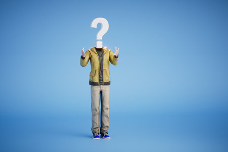 the person doesn't understand what's going on. clothes and a question mark instead of a head. 3D rendering.の写真素材