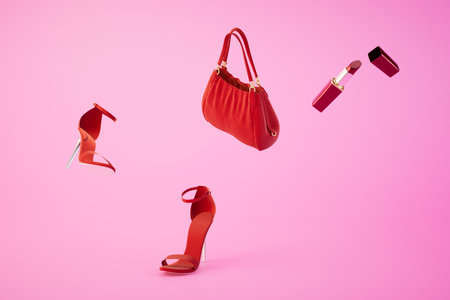 open red lipstick, red handbag and red heeled shoes on a pastel background. 3D rendering.の写真素材
