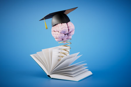 university studies. an open book from which the brain pops out on a spring in the master's cap. 3D rendering.の写真素材