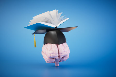 higher education. the brain in the master's cap next to the open book on a blue background. 3D rendering.の写真素材