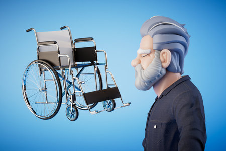an old man next to a wheelchair on a blue background. 3D rendering.の写真素材
