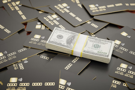 lots of black credit cards and a wad of cash dollars. 3D rendering.の写真素材