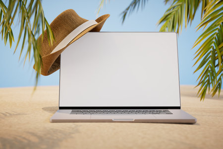 remote work on summer vacation. a laptop that wears a hat on a sandy beach with palm trees. 3D rendering.の写真素材