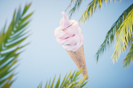 waffle cone with ice cream on a blue background with palm leaves. 3D rendering.の写真素材