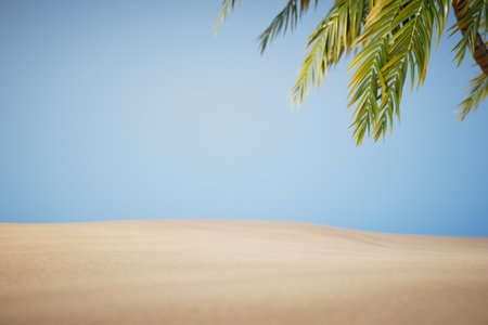 summer holidays on the beach. sandy beach with palm trees. copy paste, copy space. 3D rendering.の写真素材