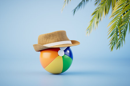 the concept of relaxation on the beach. an inflatable multi-colored ball on which a hat and palm trees. 3D rendering.の写真素材