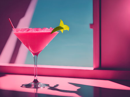 Pink daiquiri alcoholic summer cocktail on a modern pink background. ai generative.の素材
