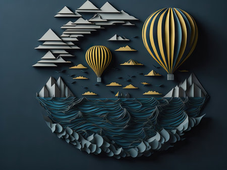 Hot air balloon over the sea paper art. ai generative.の素材