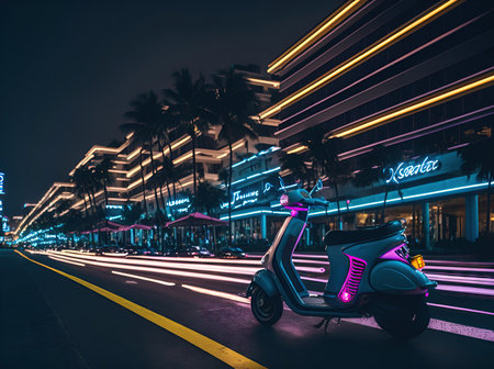 Scooter moped at ocean drive miami beach at night. ai generative.の素材