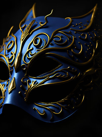 carnaval mask for eyes blue and gold black background. ai generative.の素材