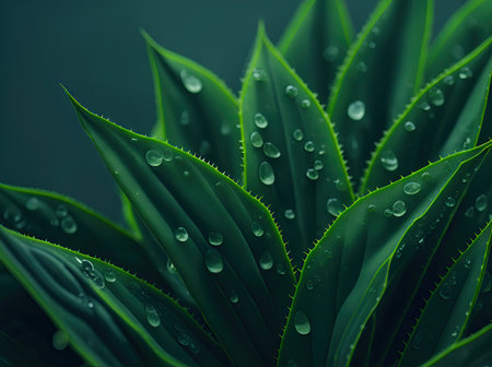 Aloe vera cover with drops of water Macro close up. ai generative.の素材
