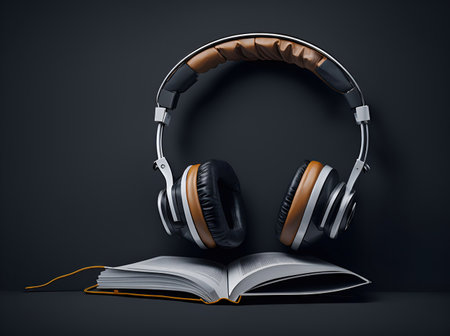 Concept of audio book. Books with headphones for listening. ai generative.の素材