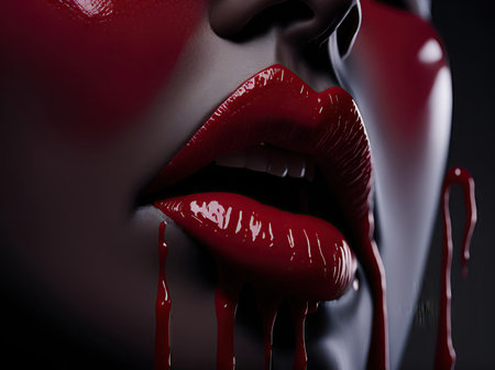 Deep Red Lipstick on Womens Lips CloseUp Macro Photographer. ai generative.の素材