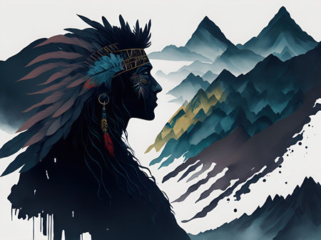 Native american silhouette head morphing into mountain. ai generative.の素材