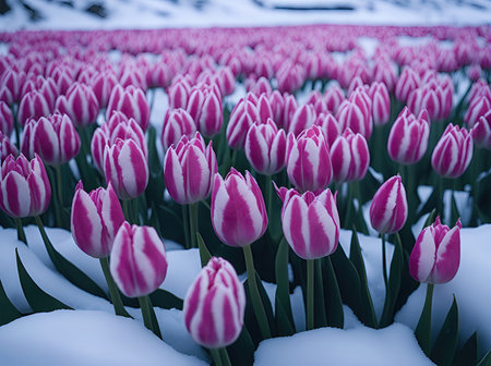 pink white tulips in the snow bright. ai generative.の素材