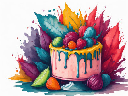 Watercolor birthday cake on colorful background. ai generative.の素材