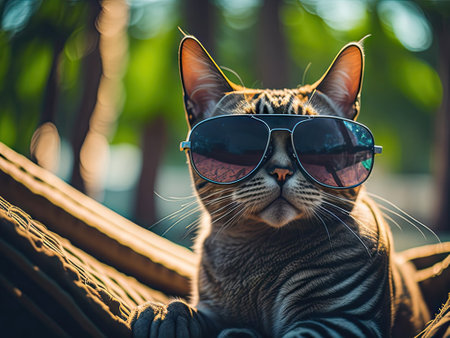 Cat in sunglasses relaxes on hammock funny. ai generative.の素材