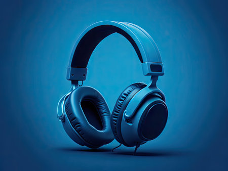 Blue headphones in flat blue background. ai generative.の素材