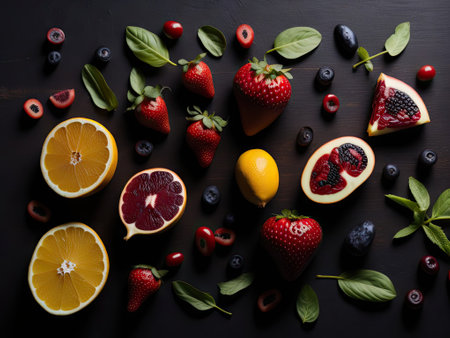 mix of fruits on the wooden table. ai generative.の素材