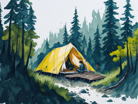Hiking in the Wilds camping in a tent. ai generative.の素材