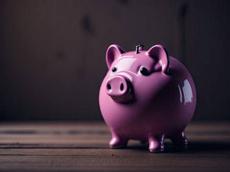 pink piggy bank on a wooden surface money. ai generative.の素材