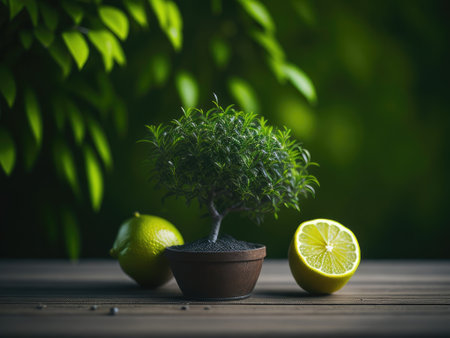 wooden table product present Lemon tree gard. ai generative.の素材
