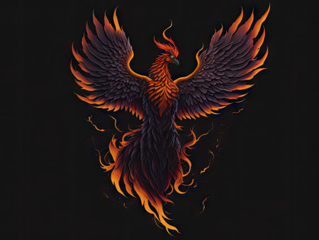 Phoenix with burning wings on black background. ai generative.の素材