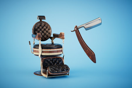 The concept of visiting a barbershop. Armchair and razor on a blue background. 3D rendering.の写真素材