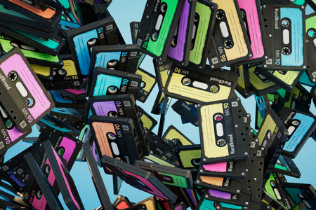 patterns of flying old multicolored audio cassettes. 3D rendering.の写真素材