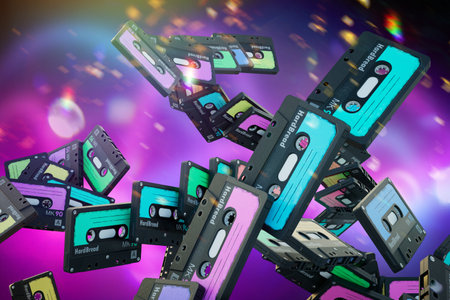 Abstract background consisting of patterns of flying multi-colored audio cassettes. 3D rendering.
