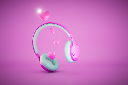 Listen to your favorite music. headphones from which hearts fly out on a pink background. 3D rendering.の写真素材