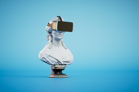 sculpture of a woman wearing virtual reality glasses on a blue background. 3d rendering.の写真素材