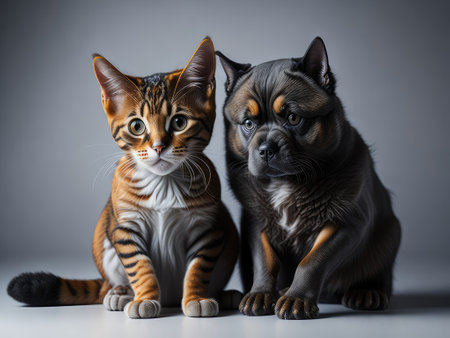 Cute cat and cute dog together on studio. ai generative.の素材