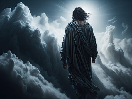 Jesus walking on clouds back view. ai generative.の素材