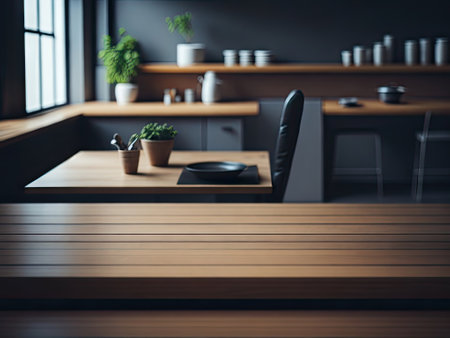 Wooden Table Top on Blurred Kitchen Room. ai generative.の素材