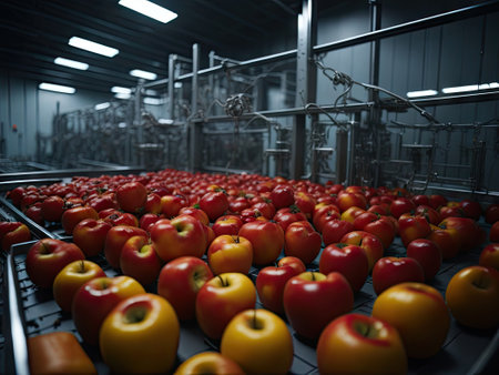 Apples in a food processing facility clean. ai generative.の素材
