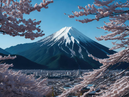Fuji mountain and cherry blossoms in spring. ai generative.の素材