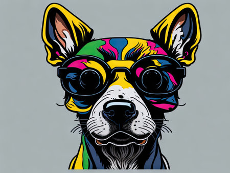 Cartoon colorful dog with sunglasses. ai generative.の素材