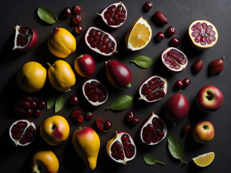 Fruits include pomegranates lemons peaches. ai generative.の素材