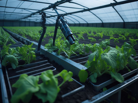 A robotic arm gathers lettuce in a greenhouse. ai generative.の素材