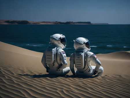 two astronauts on mars Lounging on a beach. ai generative.の素材